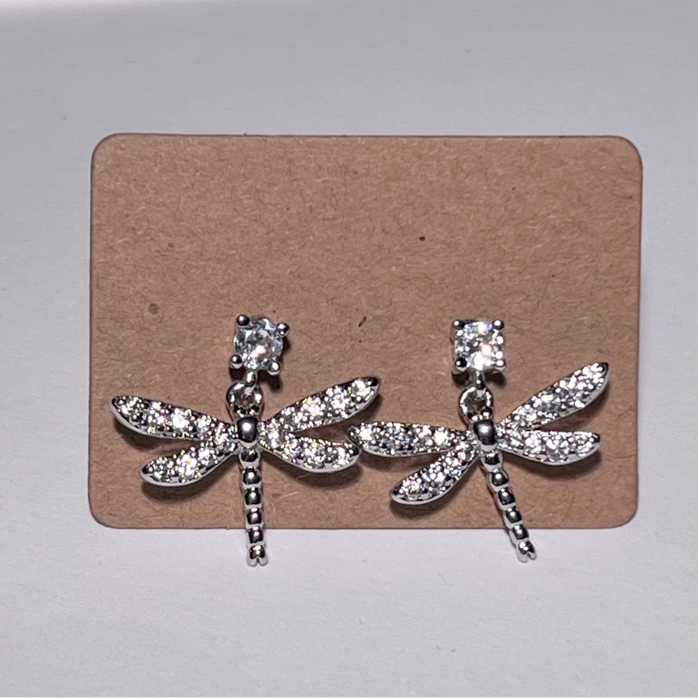 925 Sterling Silver Diamond Dragonfly Earrings